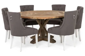 Lyon Matgrupp Ø150 cm Rund med 6 st Viktoria Stolar - Vintage Alm/Grå/Vit - Möbler - Bord & matgrupp - Matgrupp
