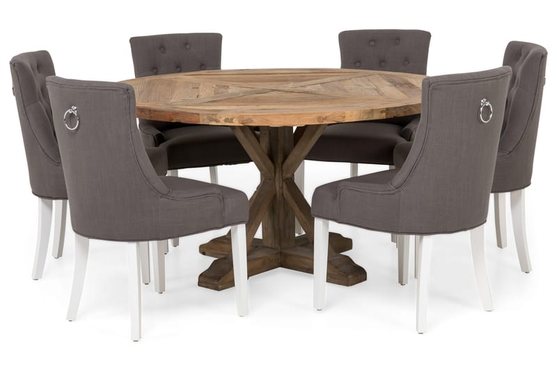 Lyon Matgrupp Ø150 cm Rund med 6 st Viktoria Stolar - Vintage Alm/Grå/Vit - Möbler - Bord & matgrupp - Matgrupp