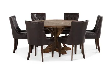 Lyon Matgrupp 150 cm Rund Mörkt trä med 6 Tuva Stolar - Vintage Alm / Brun Pu - Möbler - Bord & matgrupp - Matgrupp