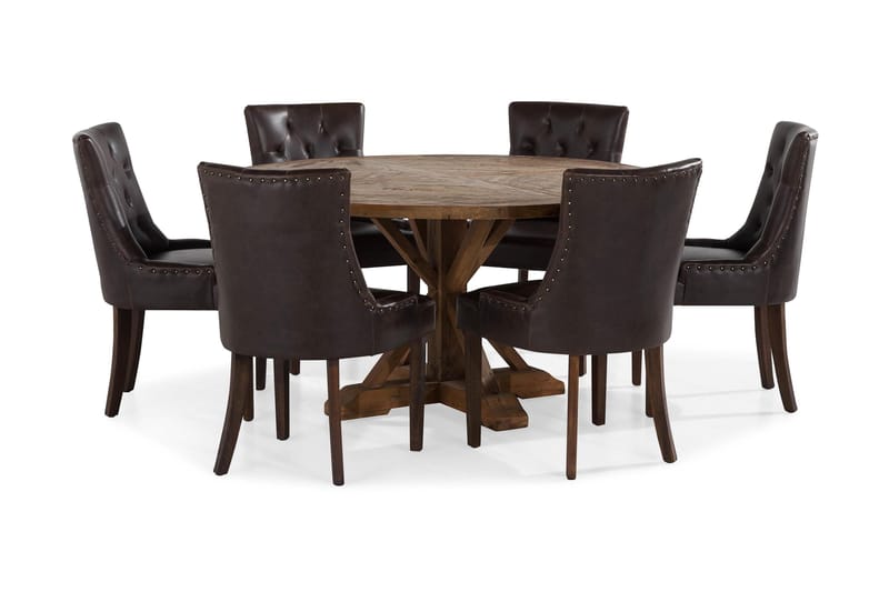 Lyon Matgrupp 150 cm Rund Mörkt trä med 6 Tuva Stolar, Vintage Alm / Brun Pu