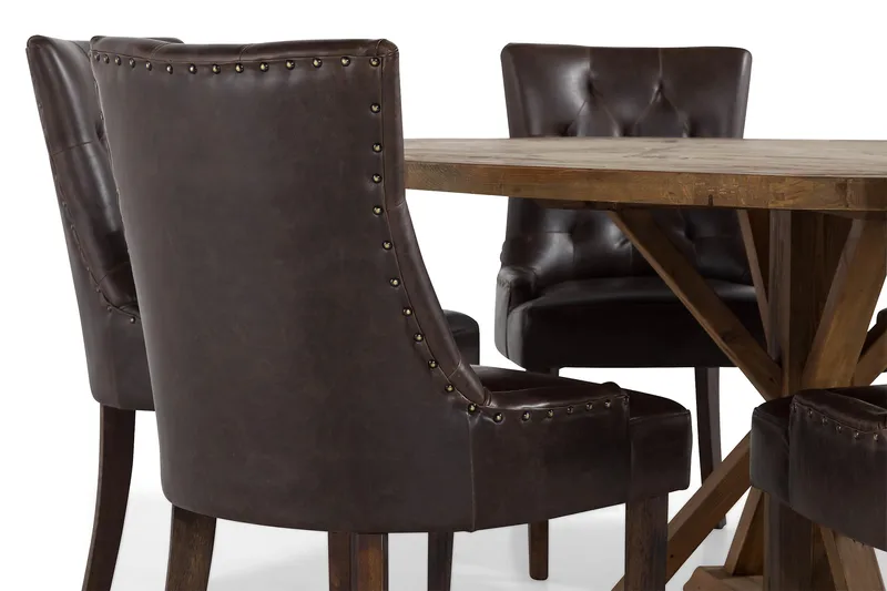 Lyon Matgrupp 150 cm Rund Mörkt trä med 6 Tuva Stolar - Vintage Alm / Brun Pu - Möbler - Bord & matgrupp - Matgrupp