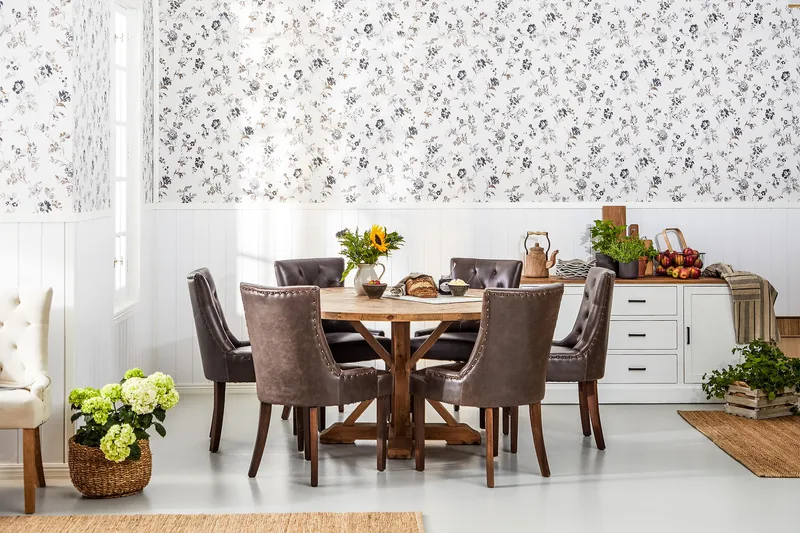 Lyon Matgrupp 150 cm Rund Mörkt trä med 6 Tuva Stolar - Vintage Alm / Brun Pu - Möbler - Bord & matgrupp - Matgrupp