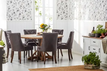 Lyon Matgrupp 150 cm Rund Mörkt trä med 6 Tuva Stolar - Vintage Alm / Brun Pu - Möbler - Bord & matgrupp - Matgrupp