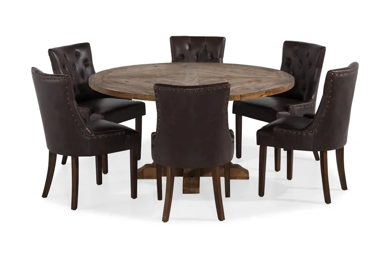 Lyon Matgrupp 150 cm Rund Mörkt trä med 6 Tuva Stolar - Vintage Alm / Brun Pu - Möbler - Bord & matgrupp - Matgrupp