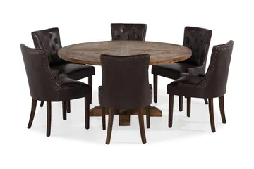 Lyon Matgrupp 150 cm Rund Mörkt trä med 6 Tuva Stolar - Vintage Alm / Brun Pu - Möbler - Bord & matgrupp - Matgrupp