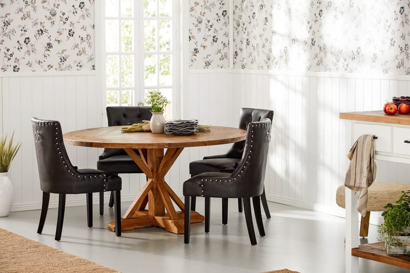 Lyon Matgrupp 150 cm Rund med 4 Tuva Fåtölj - Vintage Alm/Svart PU - Möbler - Bord & matgrupp - Matgrupp