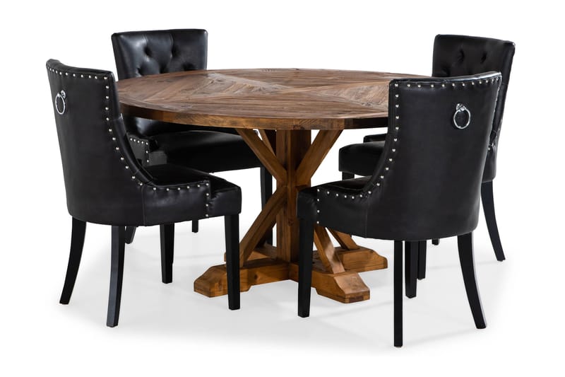 Lyon Matgrupp 150 cm Rund med 4 Tuva Fåtölj, Vintage Alm/Svart PU