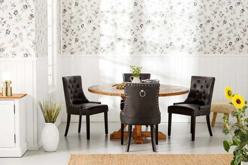 Lyon Matgrupp 150 cm Rund med 4 Tuva Fåtölj - Vintage Alm/Svart PU - Möbler - Bord & matgrupp - Matgrupp