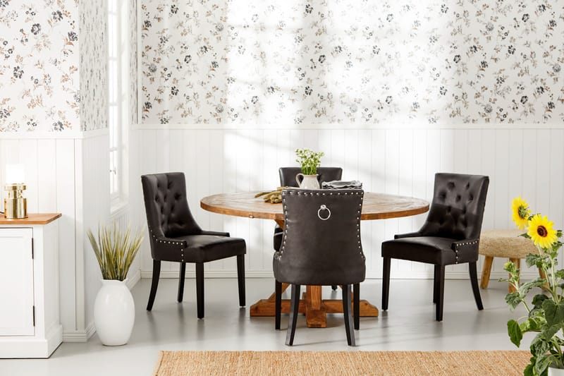 Lyon Matgrupp 150 cm Rund med 4 Tuva Fåtölj - Vintage Alm/Svart PU - Möbler - Bord & matgrupp - Matgrupp