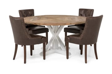 Lyon Matgrupp 150 cm Rund med 4 Tuva Fåtölj - Vintage Alm/Vit/Brun PU - Möbler - Bord & matgrupp - Matgrupp