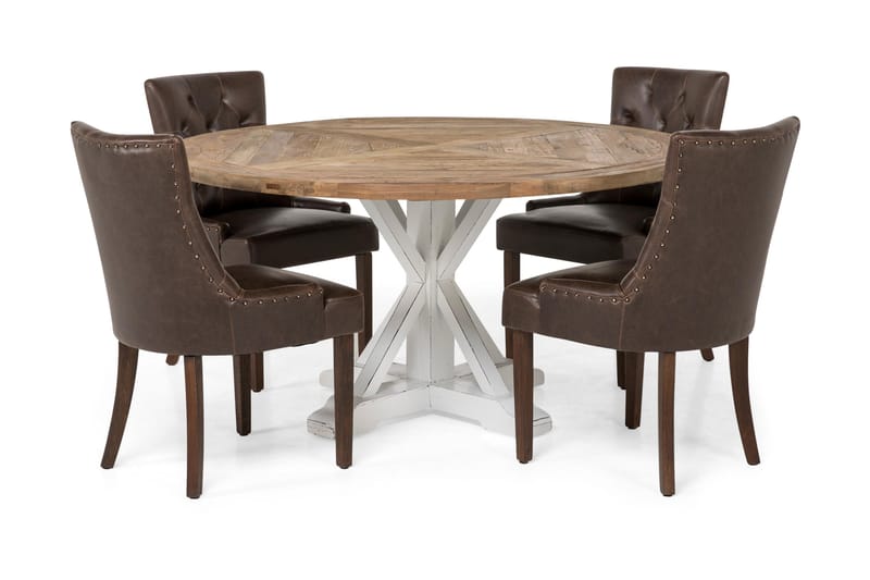 Lyon Matgrupp 150 cm Rund med 4 Tuva Fåtölj - Vintage Alm/Vit/Brun PU - Möbler - Bord & matgrupp - Matgrupp