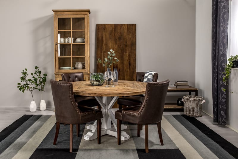 Lyon Matgrupp 150 cm Rund med 4 Tuva Fåtölj - Vintage Alm/Vit/Brun PU - Möbler - Bord & matgrupp - Matgrupp