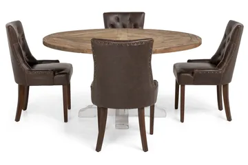 Lyon Matgrupp 150 cm Rund med 4 Tuva Fåtölj - Vintage Alm/Vit/Brun PU - Möbler - Bord & matgrupp - Matgrupp