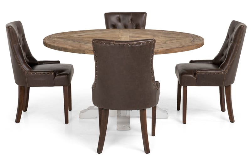 Lyon Matgrupp 150 cm Rund med 4 Tuva Fåtölj - Vintage Alm/Vit/Brun PU - Möbler - Bord & matgrupp - Matgrupp