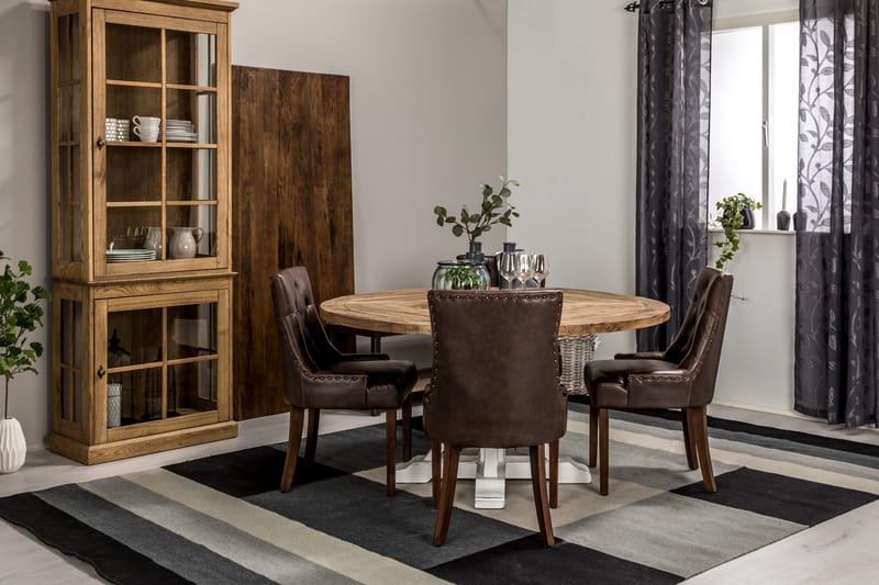 Lyon Matgrupp 150 cm Rund med 4 Tuva Fåtölj - Vintage Alm/Vit/Brun PU - Möbler - Bord & matgrupp - Matgrupp