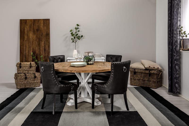 Lyon Matgrupp 150 cm Rund med 4 Tuva Fåtölj - Vintage Alm/Vit/Svart PU - Möbler - Bord & matgrupp - Matgrupp