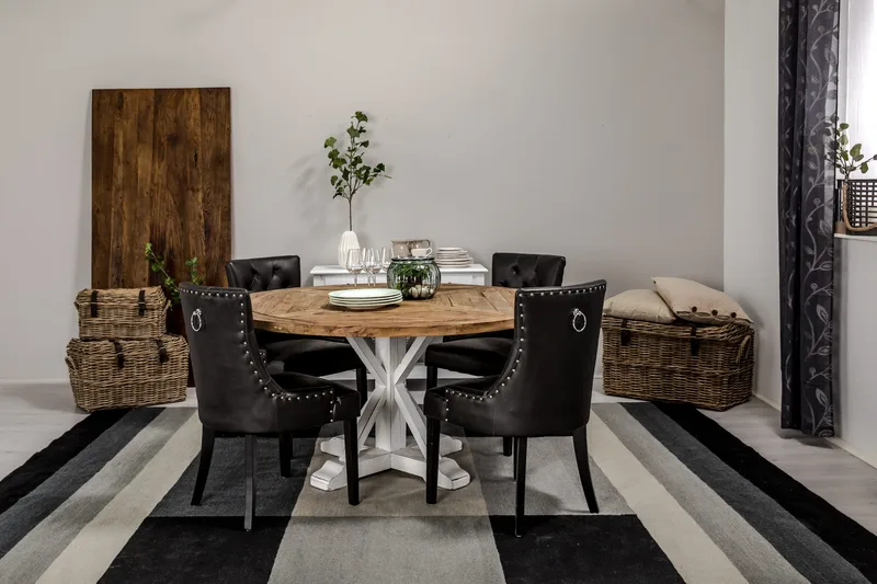 Lyon Matgrupp 150 cm Rund med 4 Tuva Fåtölj - Vintage Alm/Vit/Svart PU - Möbler - Bord & matgrupp - Matgrupp