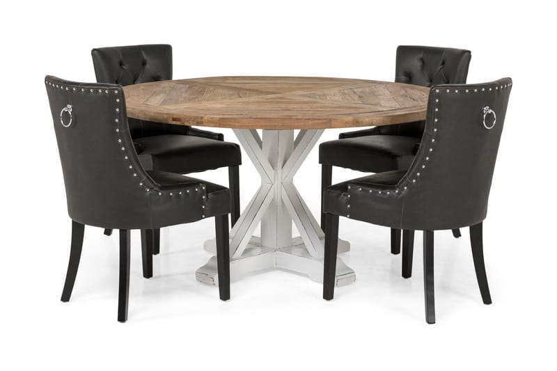 Lyon Matgrupp 150 cm Rund med 4 Tuva Fåtölj, Vintage Alm/Vit/Svart PU