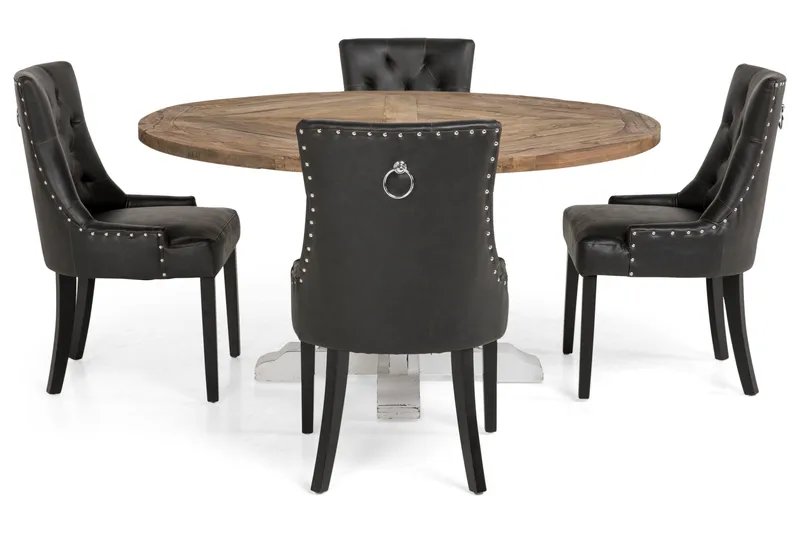 Lyon Matgrupp 150 cm Rund med 4 Tuva Fåtölj - Vintage Alm/Vit/Svart PU - Möbler - Bord & matgrupp - Matgrupp