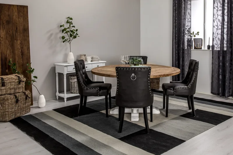 Lyon Matgrupp 150 cm Rund med 4 Tuva Fåtölj - Vintage Alm/Vit/Svart PU - Möbler - Bord & matgrupp - Matgrupp