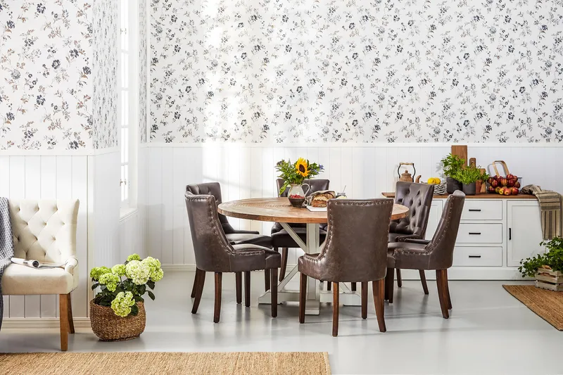 Lyon Matgrupp 150 cm Rund med 6 Tuva Fåtölj - Vintage Alm/Vit/Brun PU - Möbler - Bord & matgrupp - Matgrupp