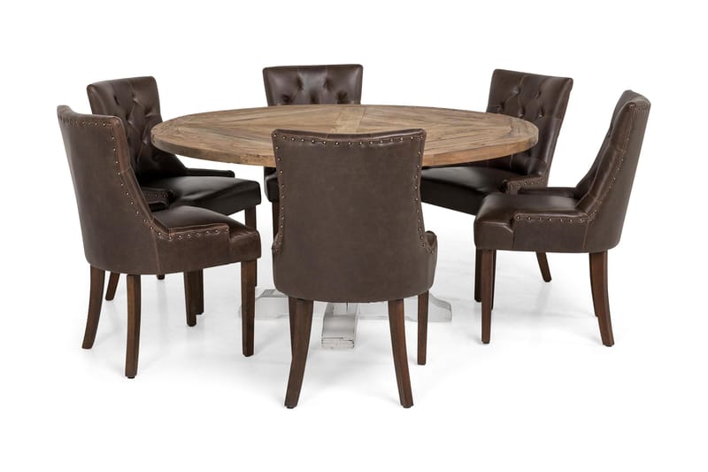 Lyon Matgrupp 150 cm Rund med 6 Tuva Fåtölj - Vintage Alm/Vit/Brun PU - Möbler - Bord & matgrupp - Matgrupp