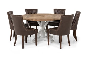 Lyon Matgrupp 150 cm Rund med 6 Tuva Fåtölj - Vintage Alm/Vit/Brun PU - Möbler - Bord & matgrupp - Matgrupp