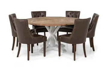 Lyon Matgrupp 150 cm Rund med 6 Tuva Fåtölj - Vintage Alm/Vit/Brun PU - Möbler - Bord & matgrupp - Matgrupp