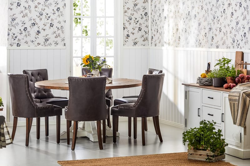 Lyon Matgrupp 150 cm Rund med 6 Tuva Fåtölj - Vintage Alm/Vit/Brun PU - Möbler - Bord & matgrupp - Matgrupp