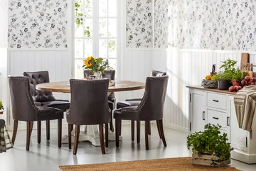 Lyon Matgrupp 150 cm Rund med 6 Tuva Fåtölj - Vintage Alm/Vit/Brun PU - Möbler - Bord & matgrupp - Matgrupp