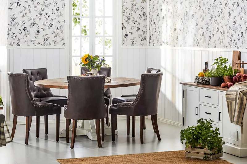 Lyon Matgrupp 150 cm Rund med 6 Tuva Fåtölj - Vintage Alm/Vit/Brun PU - Möbler - Bord & matgrupp - Matgrupp