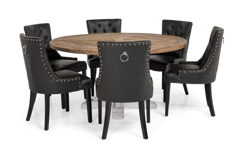 Lyon Matgrupp 150 cm Rund med 6 Tuva Fåtölj - Vintage Alm/Vit/Svart PU - Möbler - Bord & matgrupp - Matgrupp