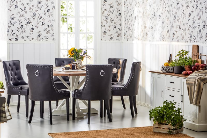 Lyon Matgrupp 150 cm Rund med 6 Tuva Fåtölj - Vintage Alm/Vit/Svart PU - Möbler - Bord & matgrupp - Matgrupp