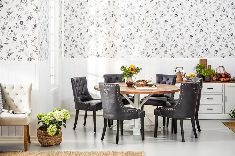 Lyon Matgrupp 150 cm Rund med 6 Tuva Fåtölj - Vintage Alm/Vit/Svart PU - Möbler - Bord & matgrupp - Matgrupp