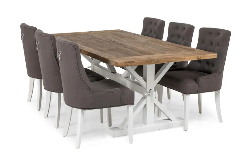 Lyon Matgrupp 200 cm med 6 Viktoria Stol - Natur/Vit/Grå - Möbler - Bord & matgrupp - Matgrupp