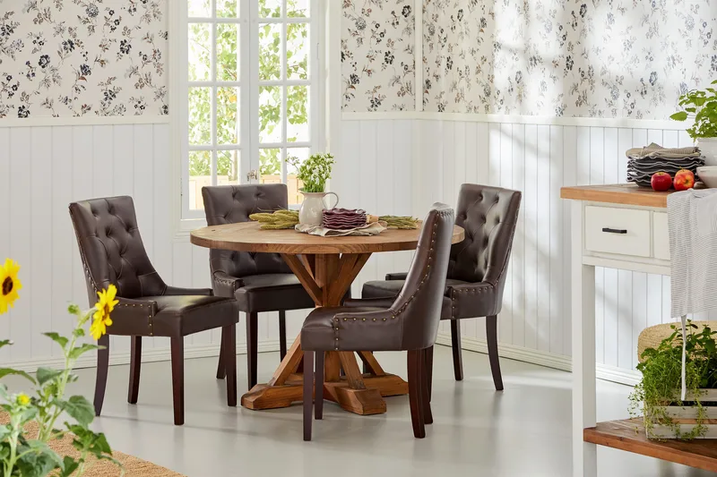 Lyon Matgrupp Rund med 4 st Tuva Fåtölj Konstläder - Trä/Mörkbrun - Möbler - Bord & matgrupp - Matgrupp