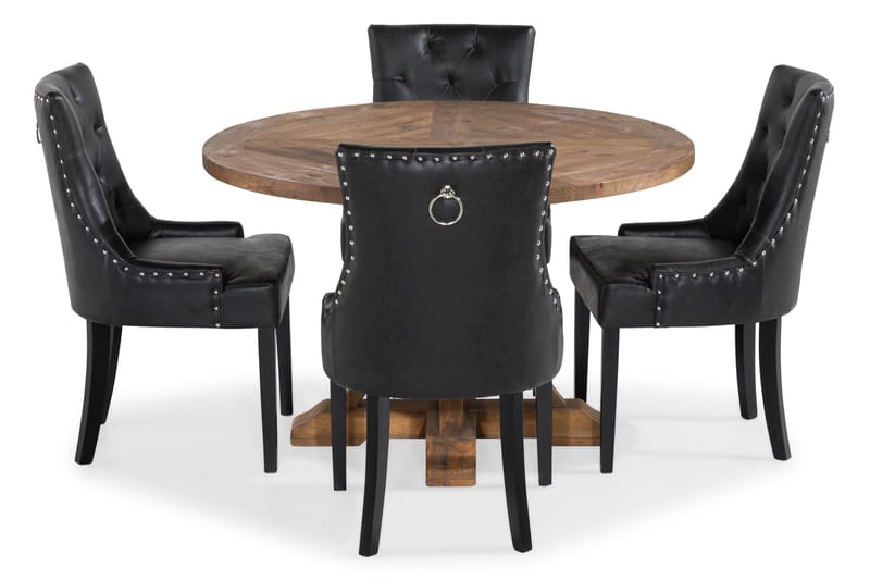 Lyon Matgrupp Rund med 4 st Tuva Fåtölj Konstläder, Trä/Svart PU