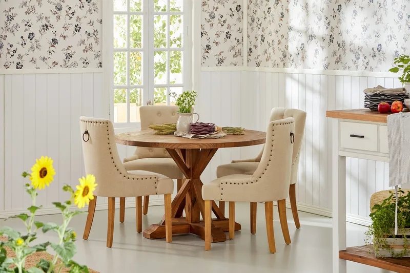 Lyon Matgrupp Rund med 4 st Viktoria Fåtölj - Trä / Beige - Möbler - Bord & matgrupp - Matgrupp