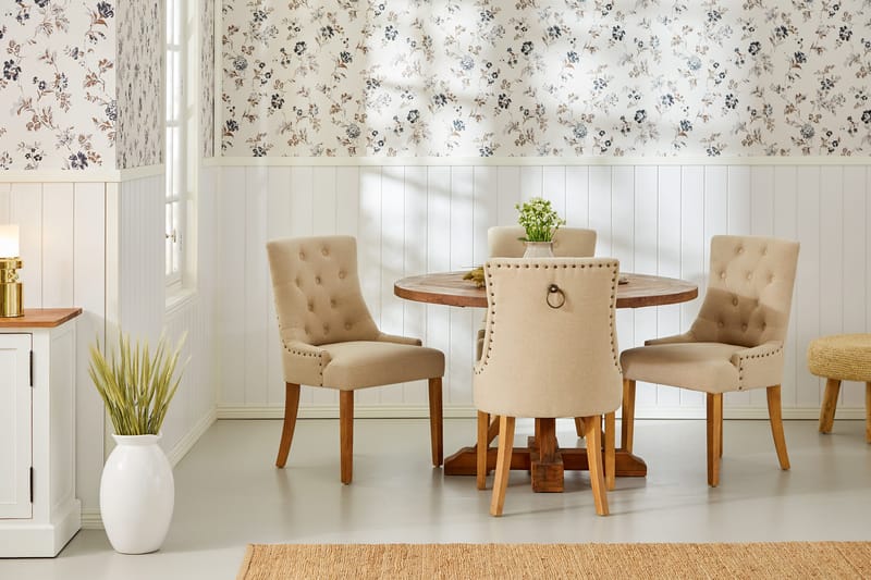 Lyon Matgrupp Rund med 4 st Viktoria Fåtölj - Trä / Beige - Möbler - Bord & matgrupp - Matgrupp