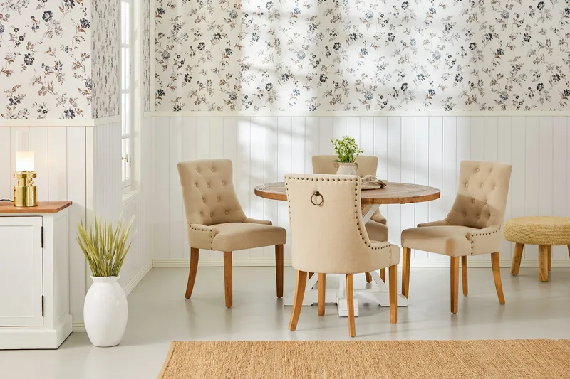 Lyon Matgrupp Rund med 4 st Viktoria Fåtölj - Trä/Vit/Beige - Möbler - Bord & matgrupp - Matgrupp