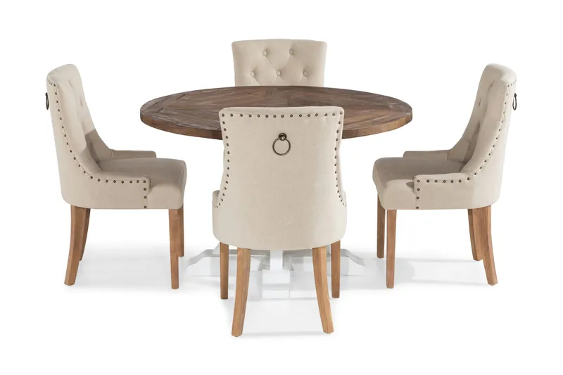 Lyon Matgrupp Rund med 4 st Viktoria Fåtölj - Trä/Vit/Beige - Möbler - Bord & matgrupp - Matgrupp