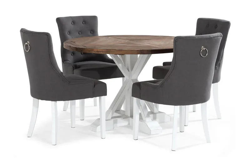 Lyon Matgrupp Rund med 4 st Viktoria Fåtölj - Trä/Vit/Grå - Möbler - Bord & matgrupp - Matgrupp