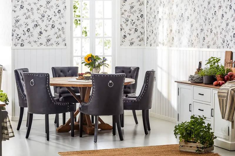 Lyon Rund Matgrupp 150 cm med 6 Tuva Stolar - Brun Vintage Alm / Svart Pu - Möbler - Bord & matgrupp - Matgrupp