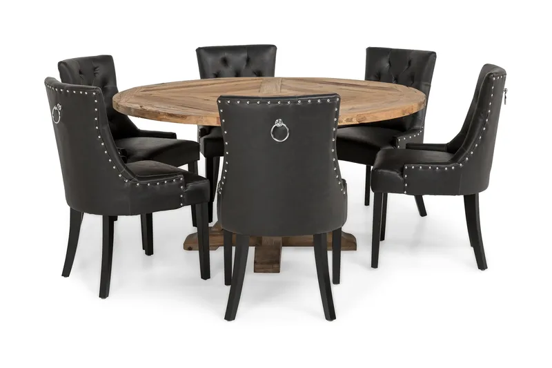 Lyon Rund Matgrupp 150 cm med 6 Tuva Stolar - Brun Vintage Alm / Svart Pu - Möbler - Bord & matgrupp - Matgrupp
