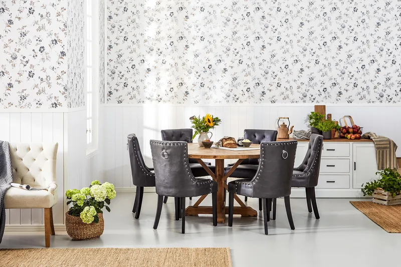 Lyon Rund Matgrupp 150 cm med 6 Tuva Stolar - Brun Vintage Alm / Svart Pu - Möbler - Bord & matgrupp - Matgrupp