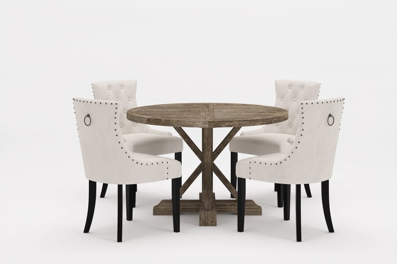 Lyon Premium Matgrupp Rund 120 cm + 4 st Viktoria Matstolar, Vit/Brun