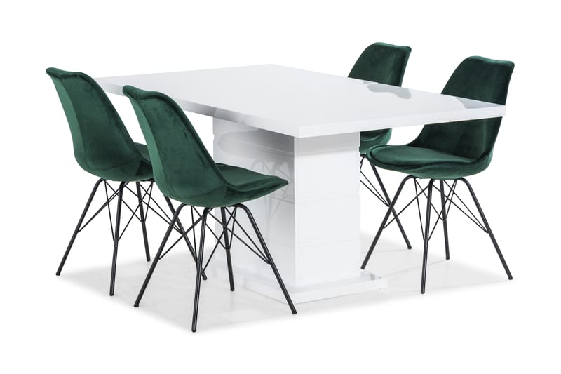 Matgrupp Griffith 160 cm med 4 Scale Stol Sammet - Vit|Grön - Möbler - Bord & matgrupp - Matgrupp