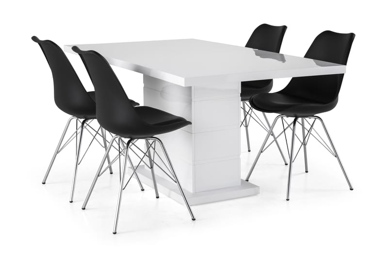 Matgrupp Griffith Förlängningsbar 160 cm med 4 Shell Stol - Vit|Svart PU|Krom - Möbler - Bord & matgrupp - Matgrupp
