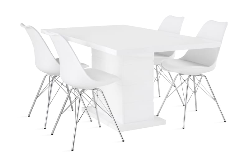 Matgrupp Griffith Förlängningsbar 160 cm med 4 Shell Stol - Vit|Vit PU|Krom - Möbler - Bord & matgrupp - Matgrupp