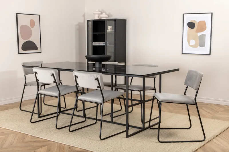 Matgrupp Leria 200 cm inkl 6 Kenth Sammetsstolar - Glas/Svart/Ljusgrå - Möbler - Bord & matgrupp - Matgrupp